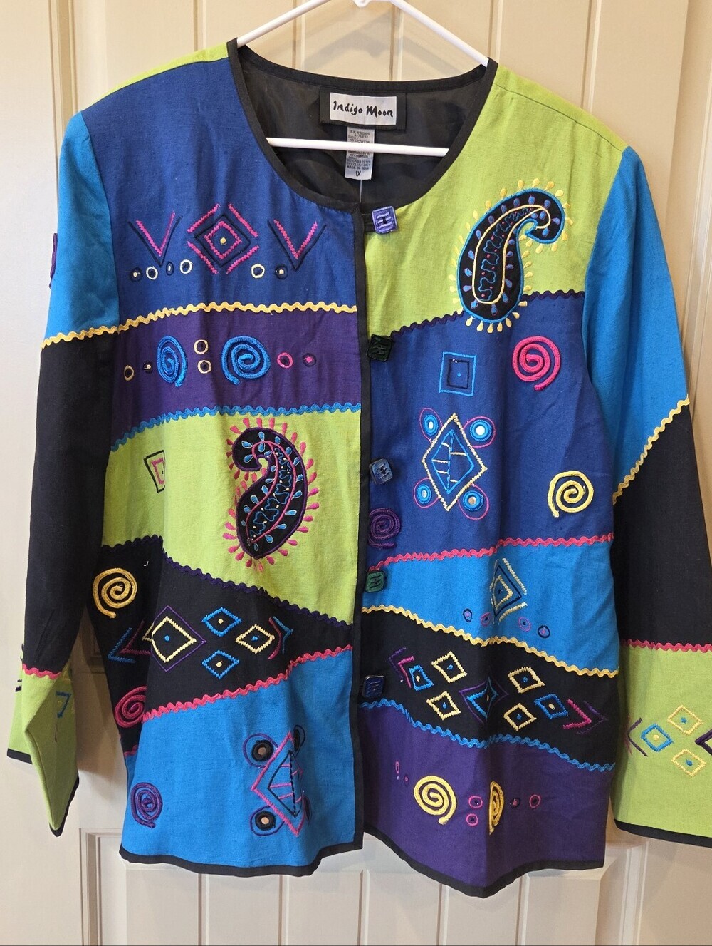 Indigo Moon Vintage 90s Embroidered Colorblock Boho Patchwork Jacket Plus 1X